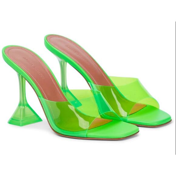 Amina Muaddi Lupita PVC Slip On Spool Heel Mules Sandal Fluo Green Women Size 40 - Picture 1 of 6